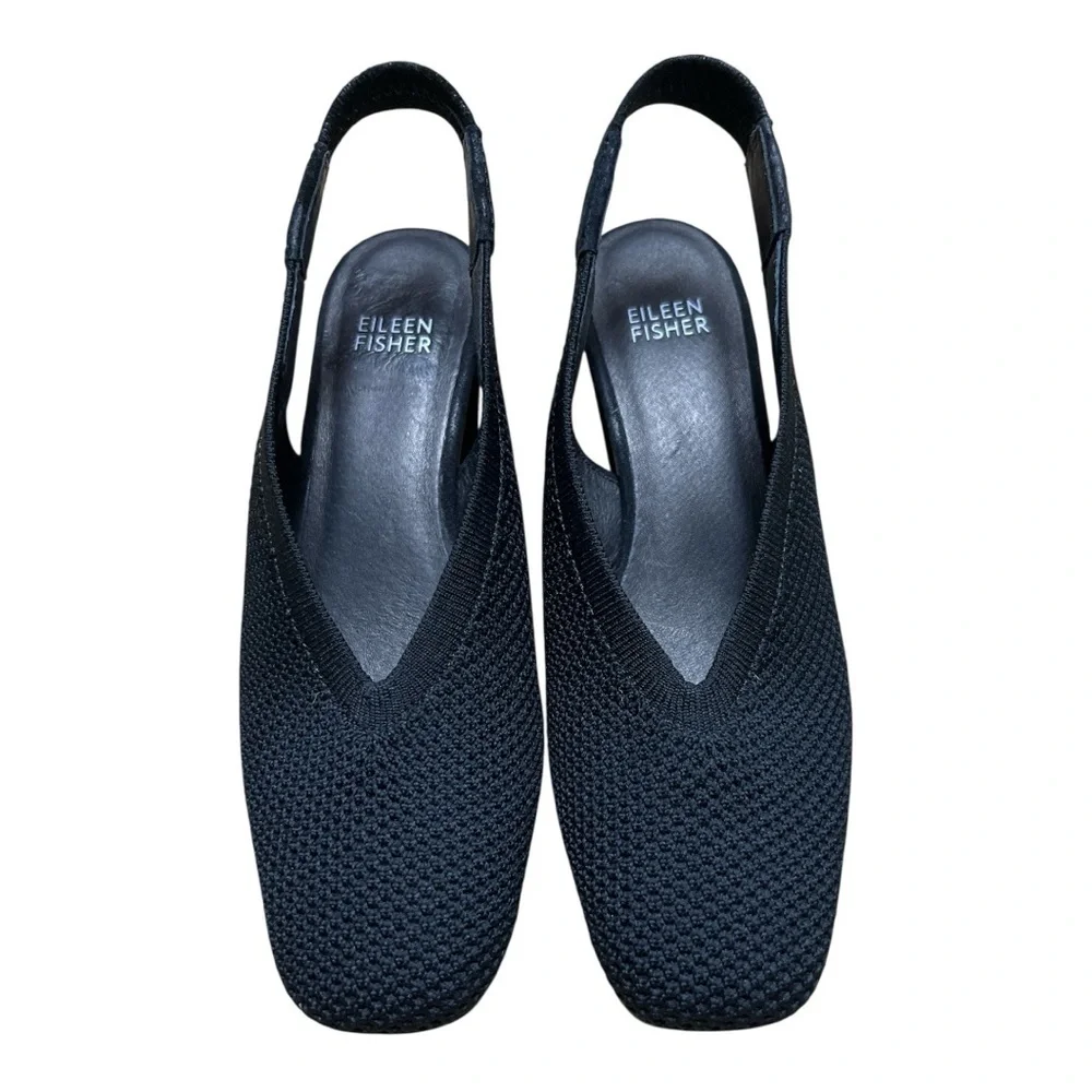 Eileen Fisher Vasa Black Textured Knit Slingback Heels 6.5